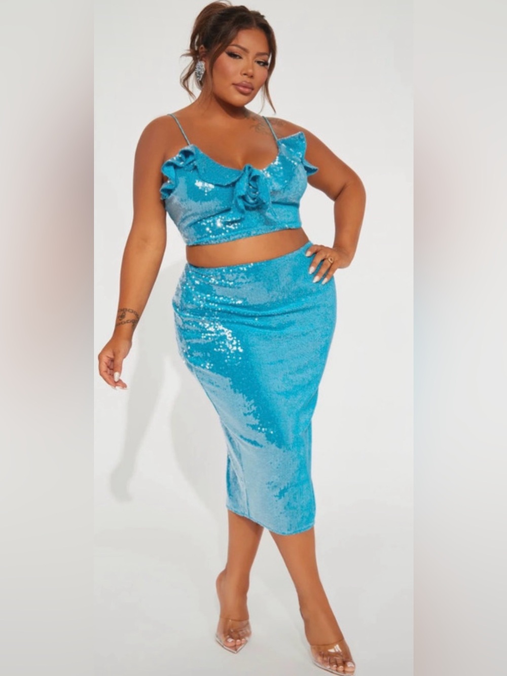 Fashion Nova Turquoise Sequin Midi Skirt set